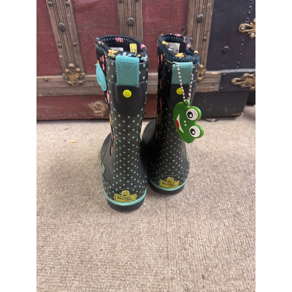 Western Chief Kids Daisy Delight Neoprene Waterproof Rain Boots Black Floral 1